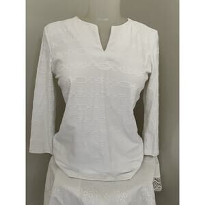 J. McLaughlin Carly Chainlink Top Size S 3/4 Sleeve Catlina Cloth V-Neck White